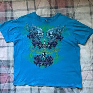 Vintage Soft Spun Men’s Extra Large Blue Skull And Rose Short Sleeve T-Shirt